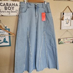 Light Blue Denim Maxi Skirt Frey Distressed Bohemian Rodeo Cowgirl